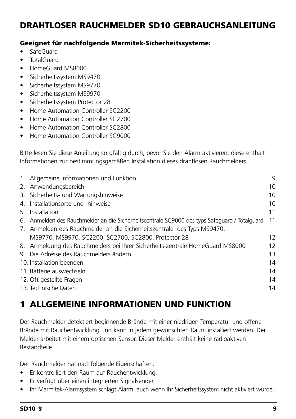 Drahtloser rauchmelder sd10 gebrauchsanleitung, 1 allgemeine informationen und funktion | Marmitek SD10 User Manual | Page 9 / 28