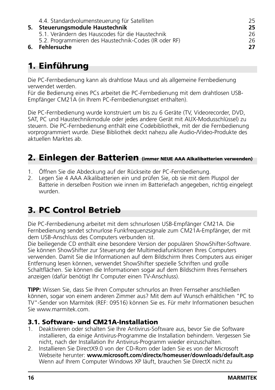 Einführung, Einlegen der batterien, Pc control betrieb | Marmitek PC CONTROL User Manual | Page 16 / 56