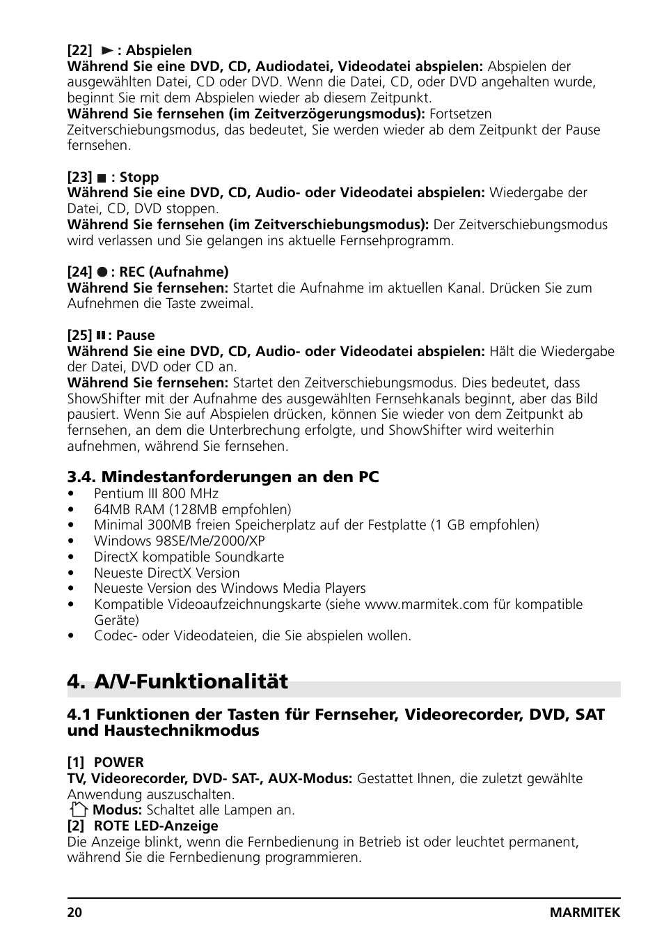 A/v-funktionalität | Marmitek PC CONTROL User Manual | Page 20 / 56