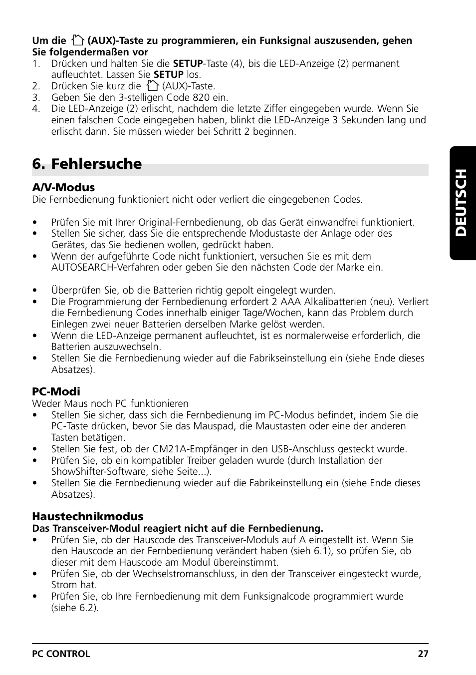 Fehlersuche, Deutsch | Marmitek PC CONTROL User Manual | Page 27 / 56