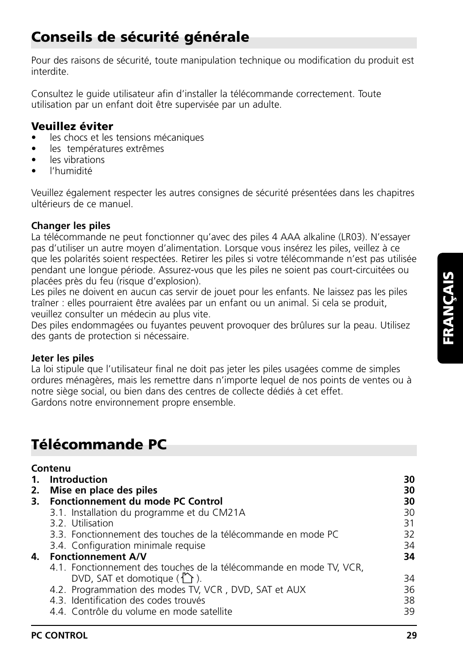 Conseils de sécurité générale, Télécommande pc, Français | Marmitek PC CONTROL User Manual | Page 29 / 56