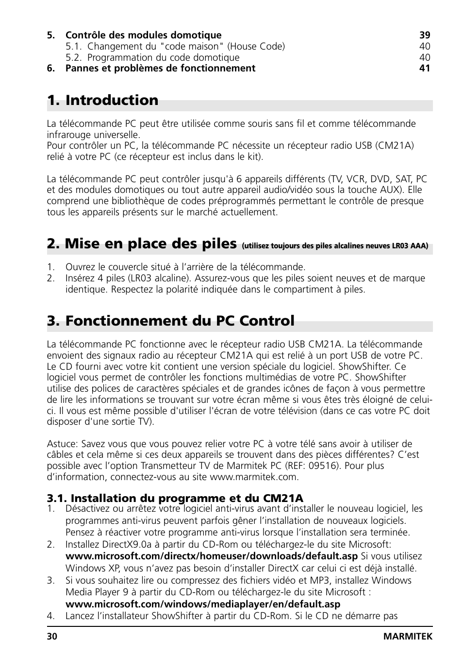 Introduction, Mise en place des piles, Fonctionnement du pc control | Marmitek PC CONTROL User Manual | Page 30 / 56