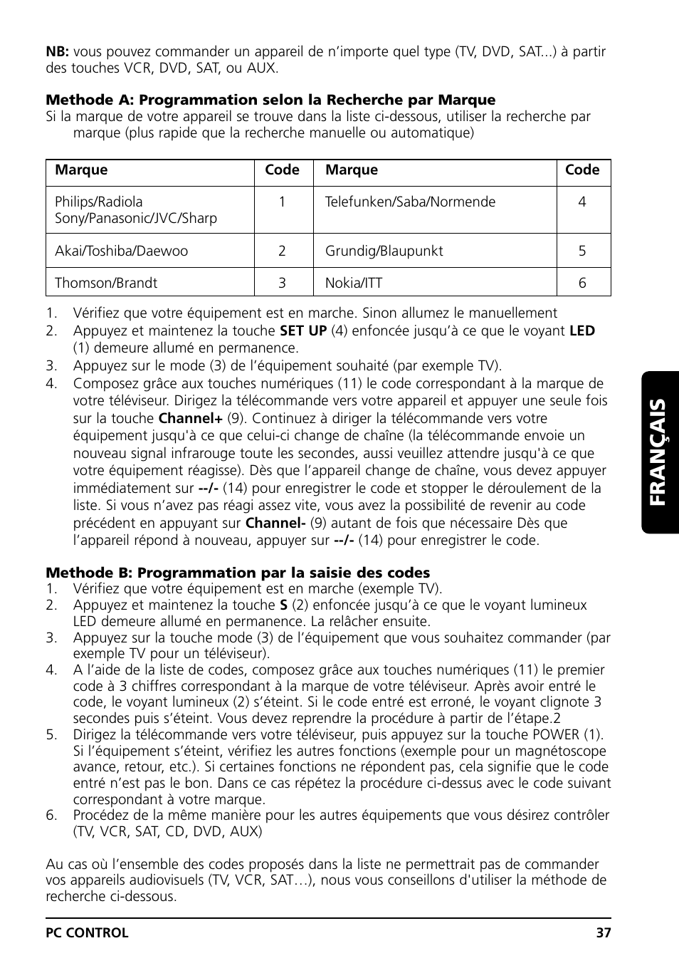 Français | Marmitek PC CONTROL User Manual | Page 37 / 56