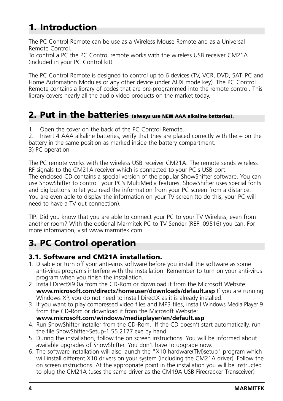 Introduction, Put in the batteries, Pc control operation | Marmitek PC CONTROL User Manual | Page 4 / 56
