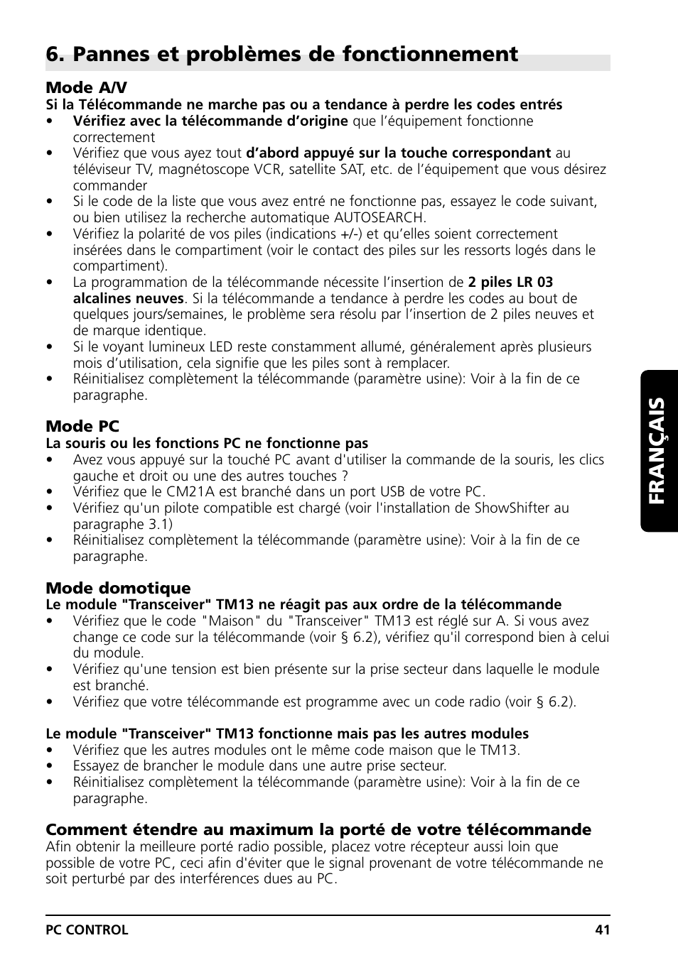 Pannes et problèmes de fonctionnement, Français | Marmitek PC CONTROL User Manual | Page 41 / 56