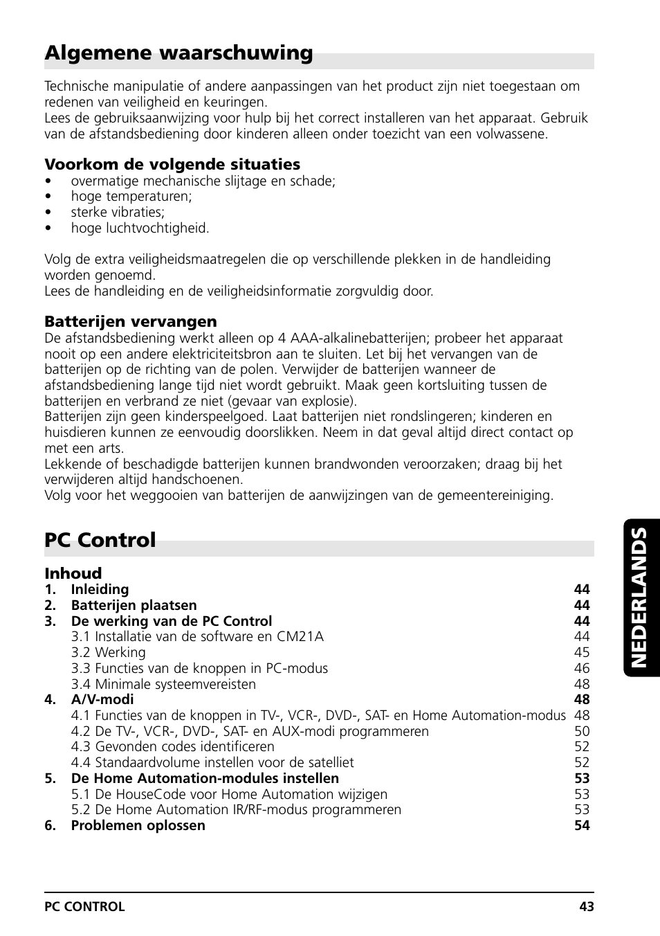 Algemene waarschuwing, Pc control, Nederlands | Marmitek PC CONTROL User Manual | Page 43 / 56
