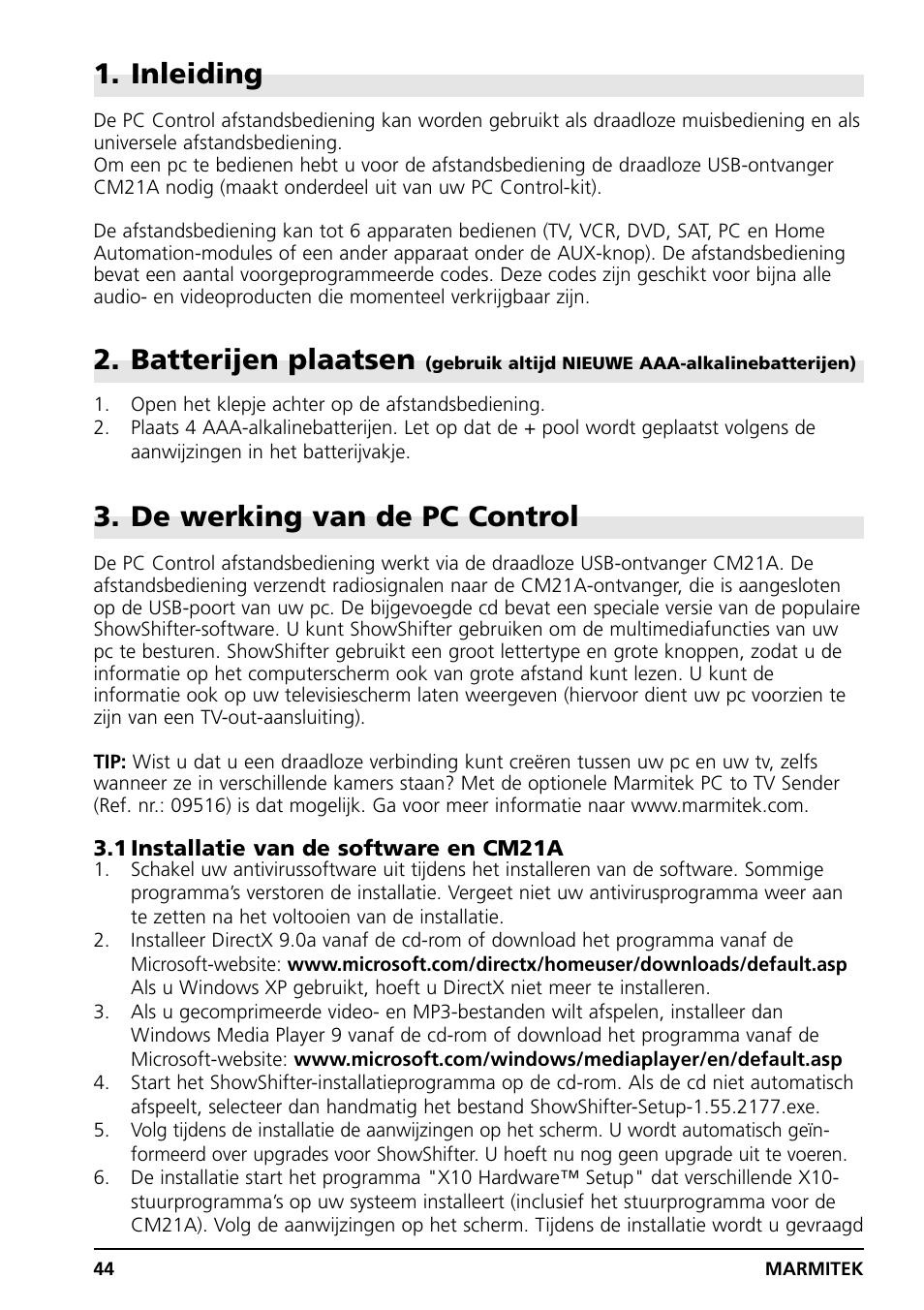 Inleiding, Batterijen plaatsen, De werking van de pc control | Marmitek PC CONTROL User Manual | Page 44 / 56