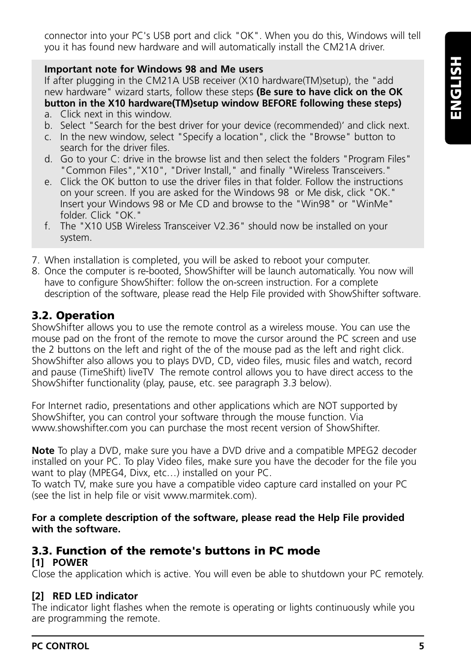 English | Marmitek PC CONTROL User Manual | Page 5 / 56