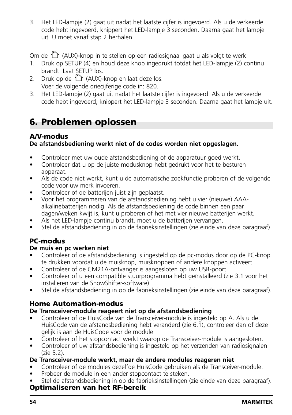 Problemen oplossen | Marmitek PC CONTROL User Manual | Page 54 / 56