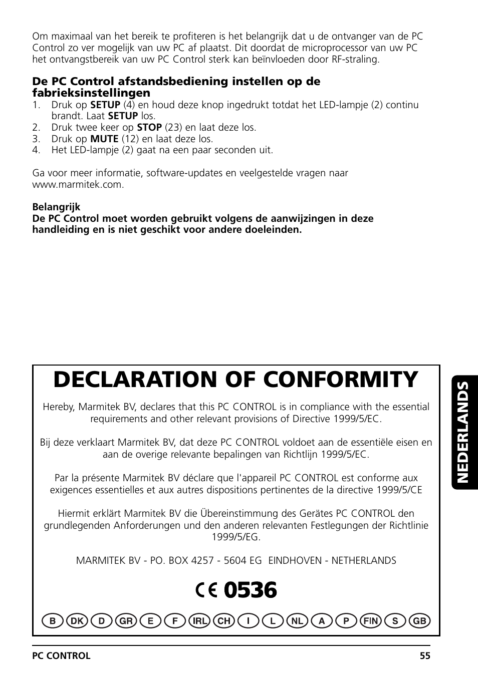 Declaration of conformity, Nederlands | Marmitek PC CONTROL User Manual | Page 55 / 56