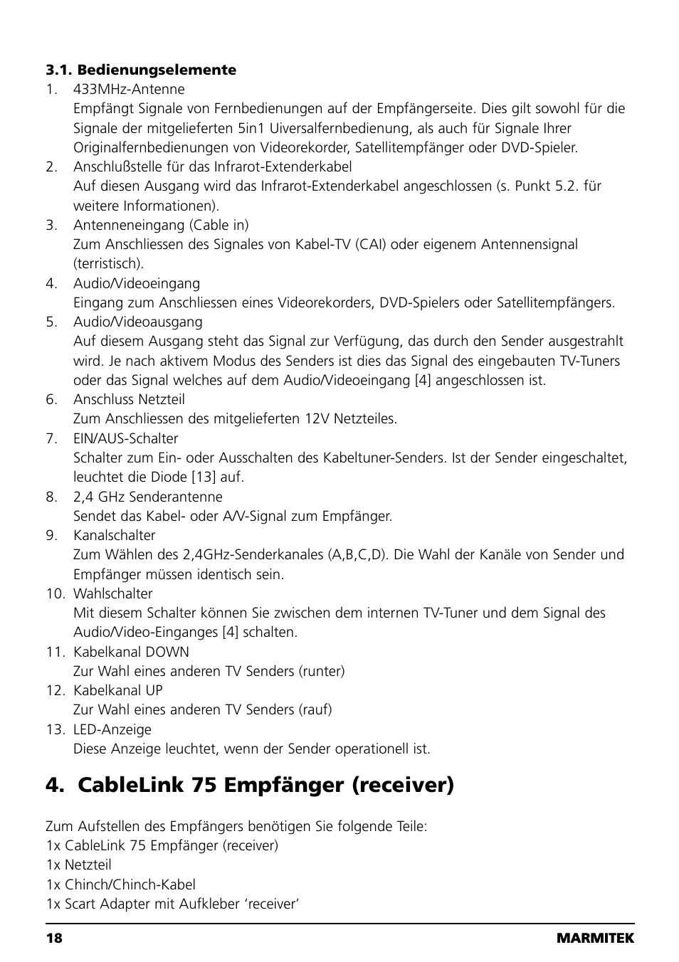 Cablelink 75 empfänger (receiver) | Marmitek 20041 User Manual | Page 18 / 68
