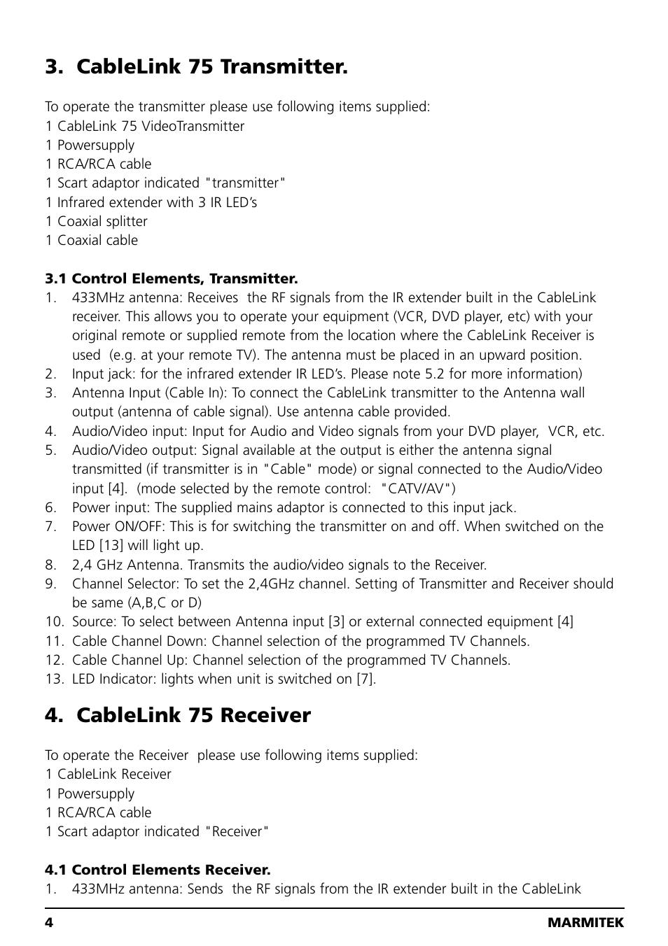 Cablelink 75 transmitter, Cablelink 75 receiver | Marmitek 20041 User Manual | Page 4 / 68