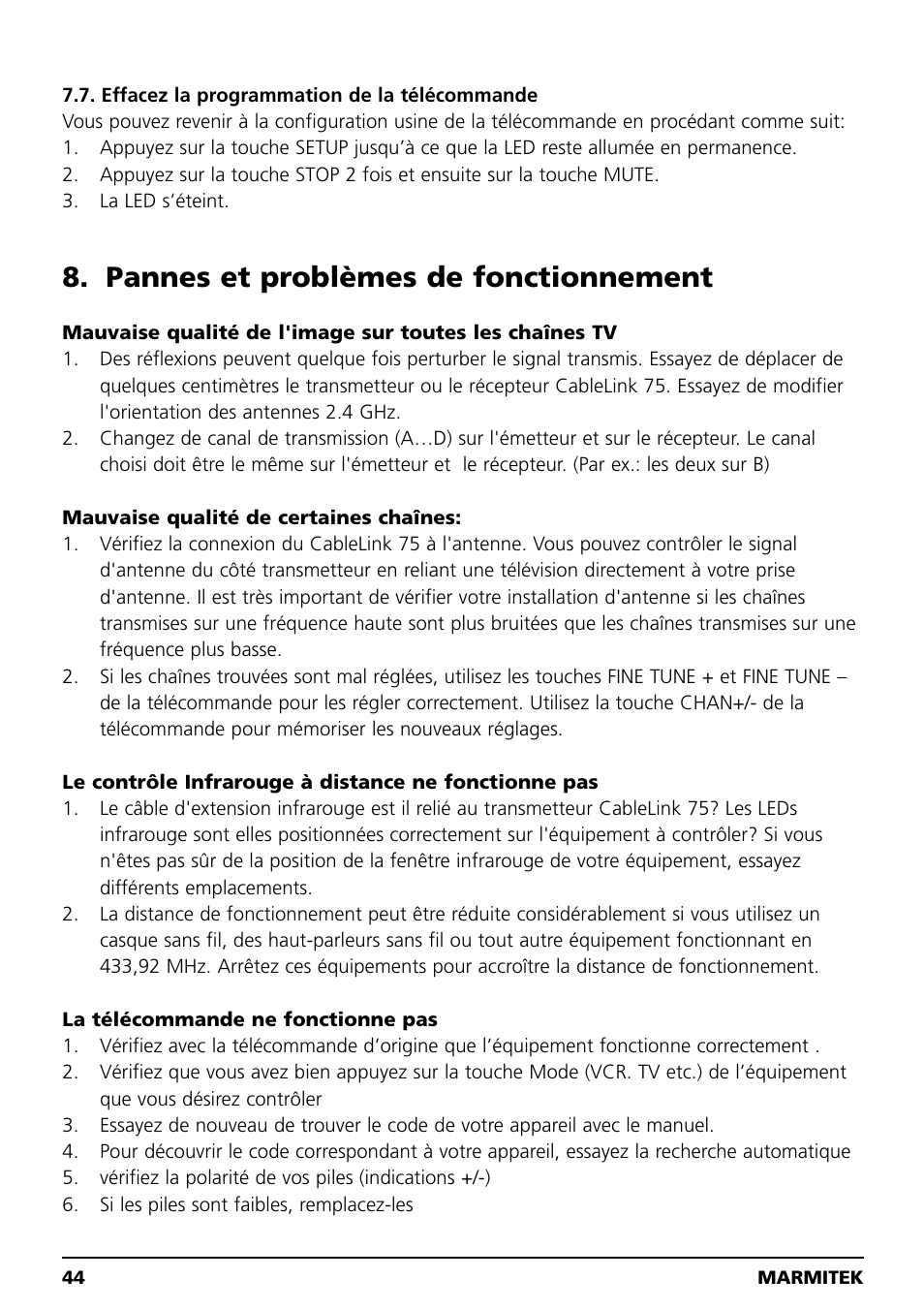 Pannes et problèmes de fonctionnement | Marmitek 20041 User Manual | Page 44 / 68