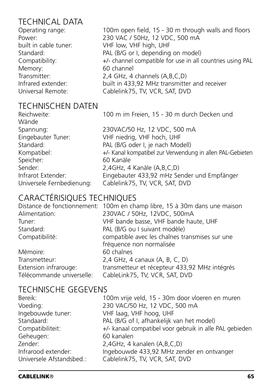 Technical data, Technischen daten, Caractérisiques techniques | Technische gegevens | Marmitek 20041 User Manual | Page 65 / 68