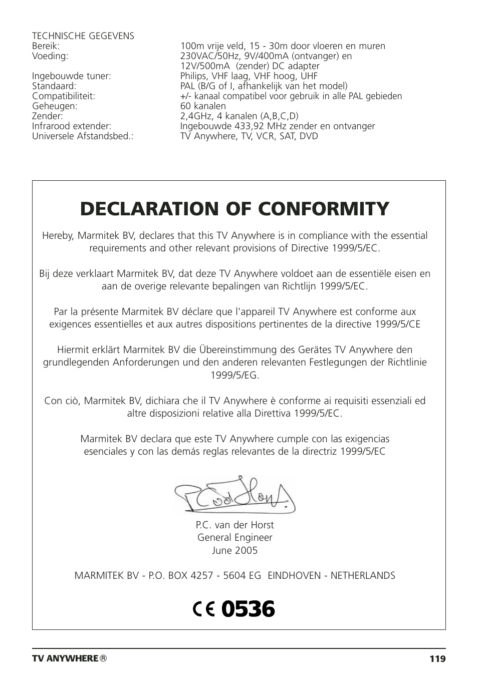 Declaration of conformity | Marmitek 20095 User Manual | Page 119 / 120