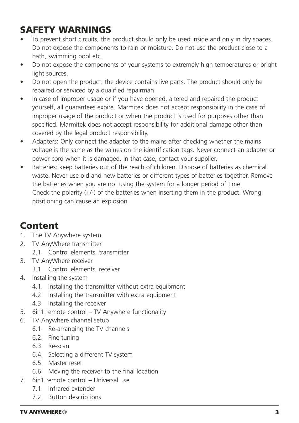 Safety warnings, Content | Marmitek 20095 User Manual | Page 3 / 120