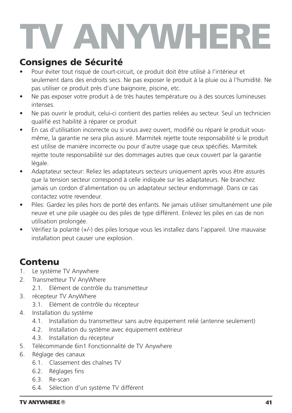 Tv anywhere, Consignes de sécurité, Contenu | Marmitek 20095 User Manual | Page 41 / 120