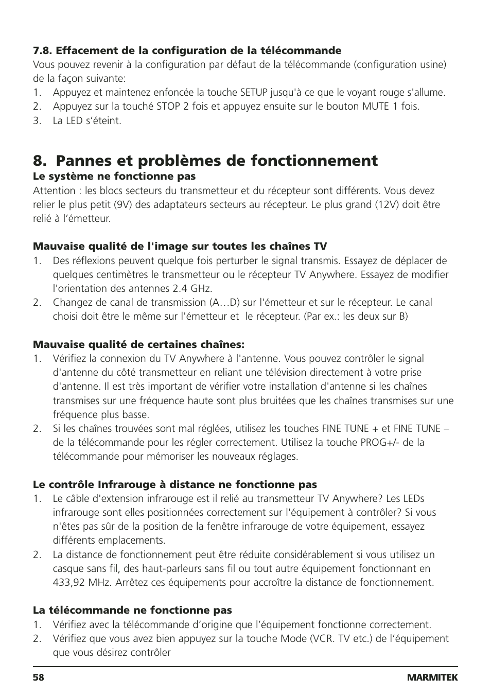 Pannes et problèmes de fonctionnement | Marmitek 20095 User Manual | Page 58 / 120