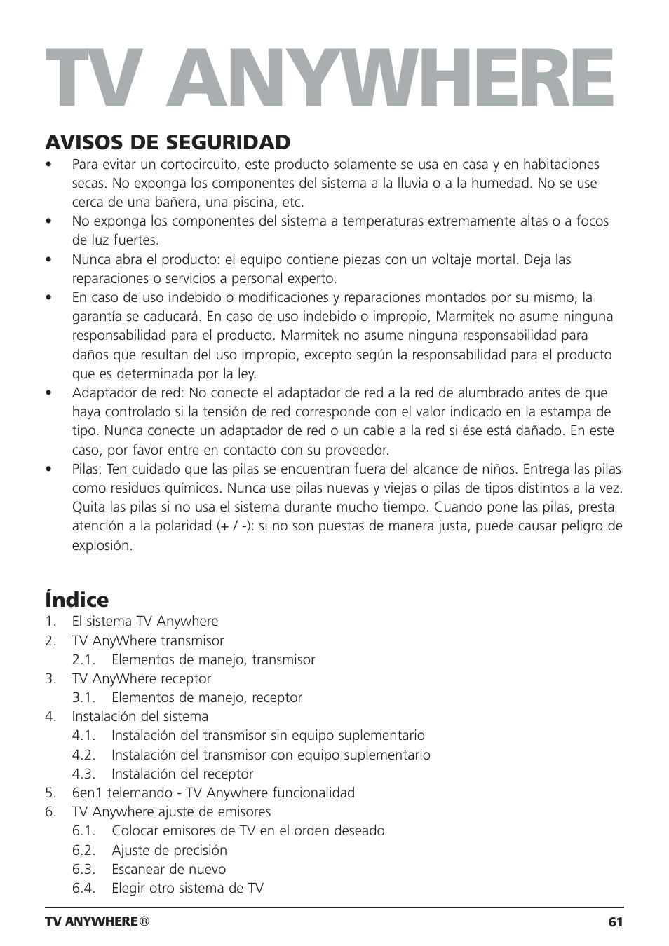 Tv anywhere, Avisos de seguridad, Índice | Marmitek 20095 User Manual | Page 61 / 120