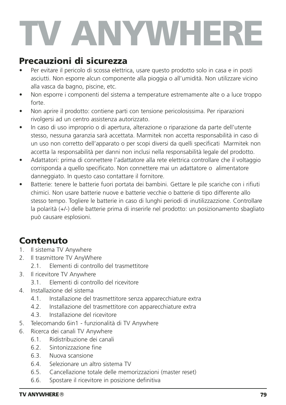 Tv anywhere, Precauzioni di sicurezza, Contenuto | Marmitek 20095 User Manual | Page 79 / 120