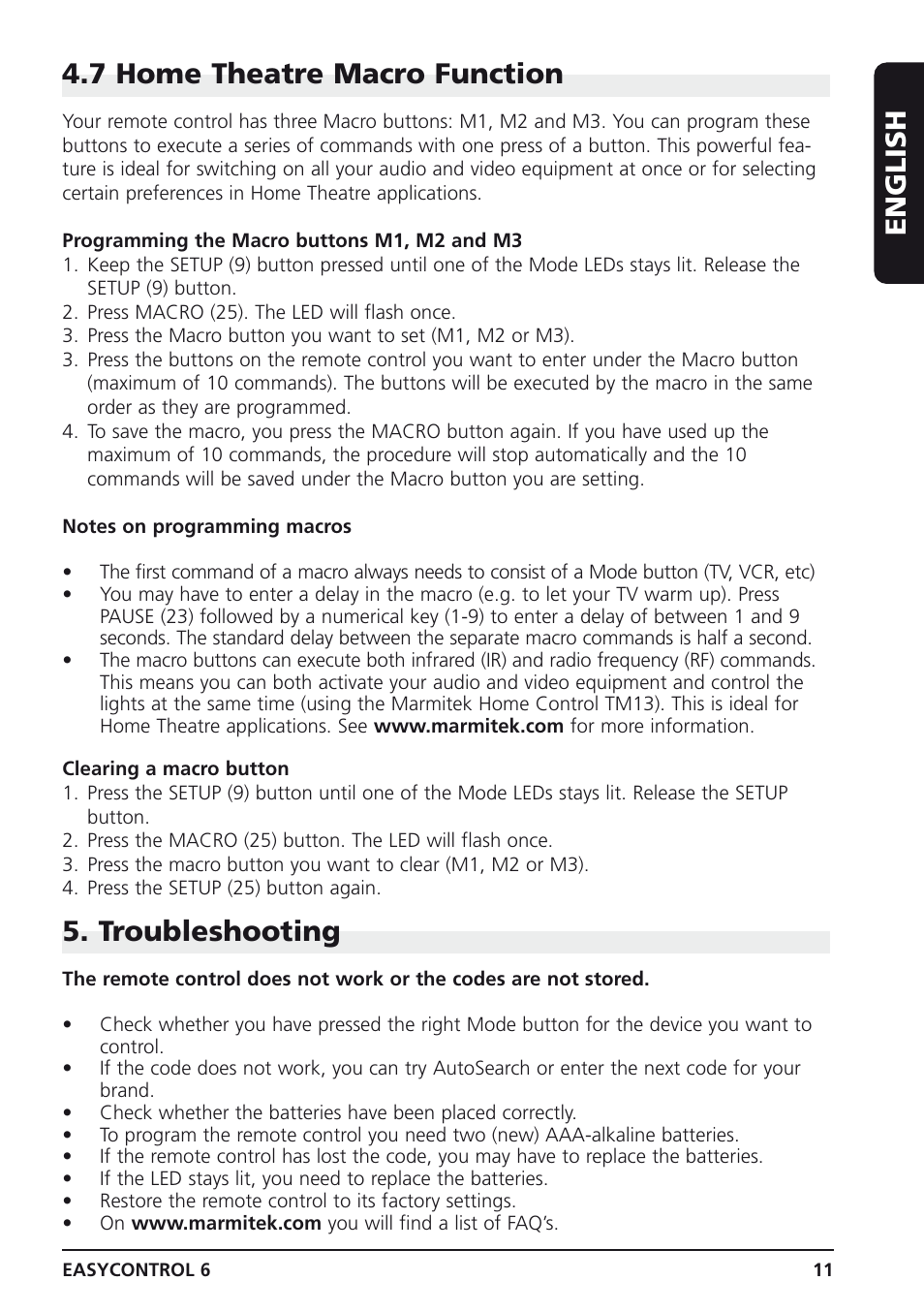 English 4.7 home theatre macro function, Troubleshooting | Marmitek Easycontrol 6 User Manual | Page 11 / 44