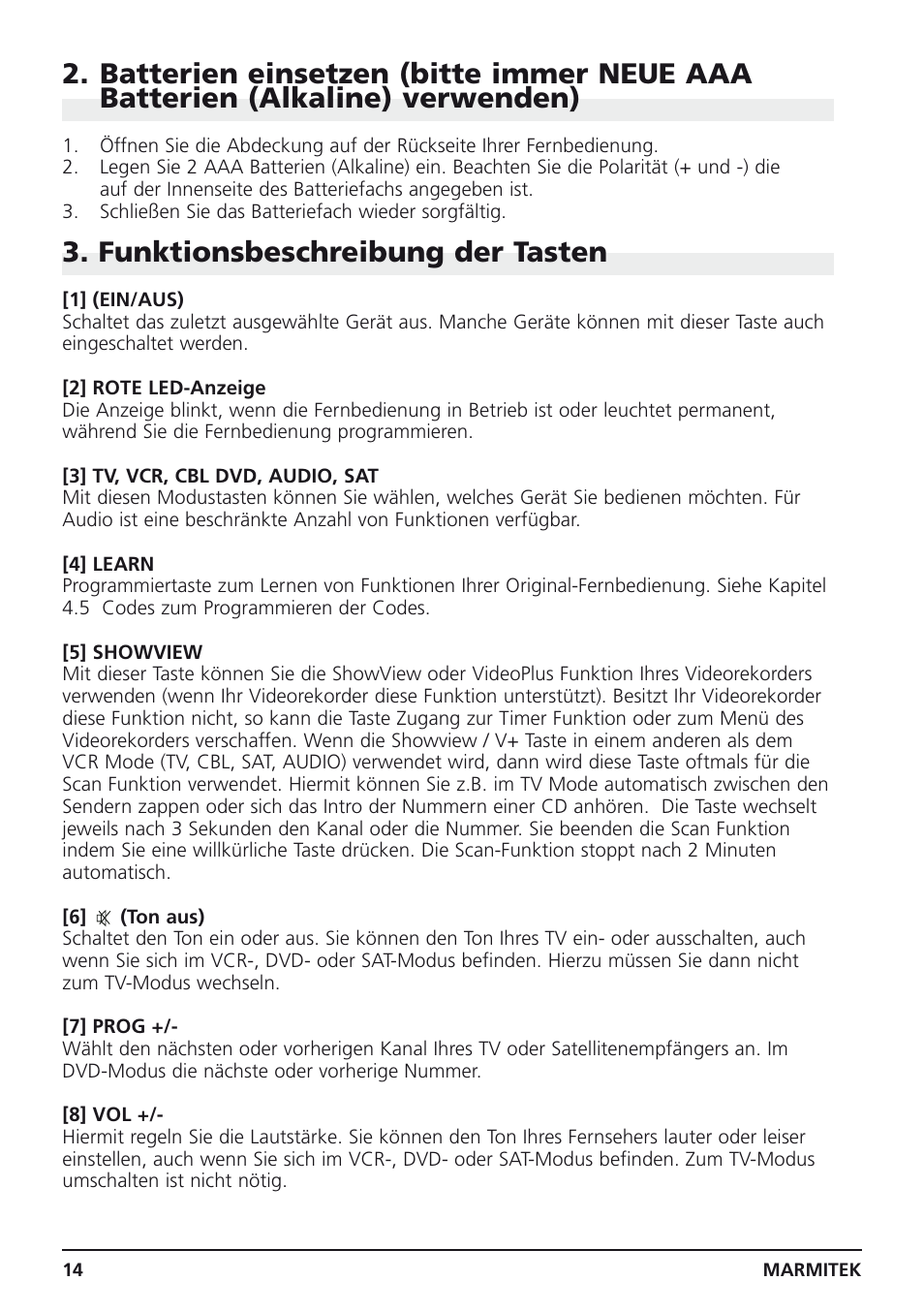 Funktionsbeschreibung der tasten | Marmitek Easycontrol 6 User Manual | Page 14 / 44