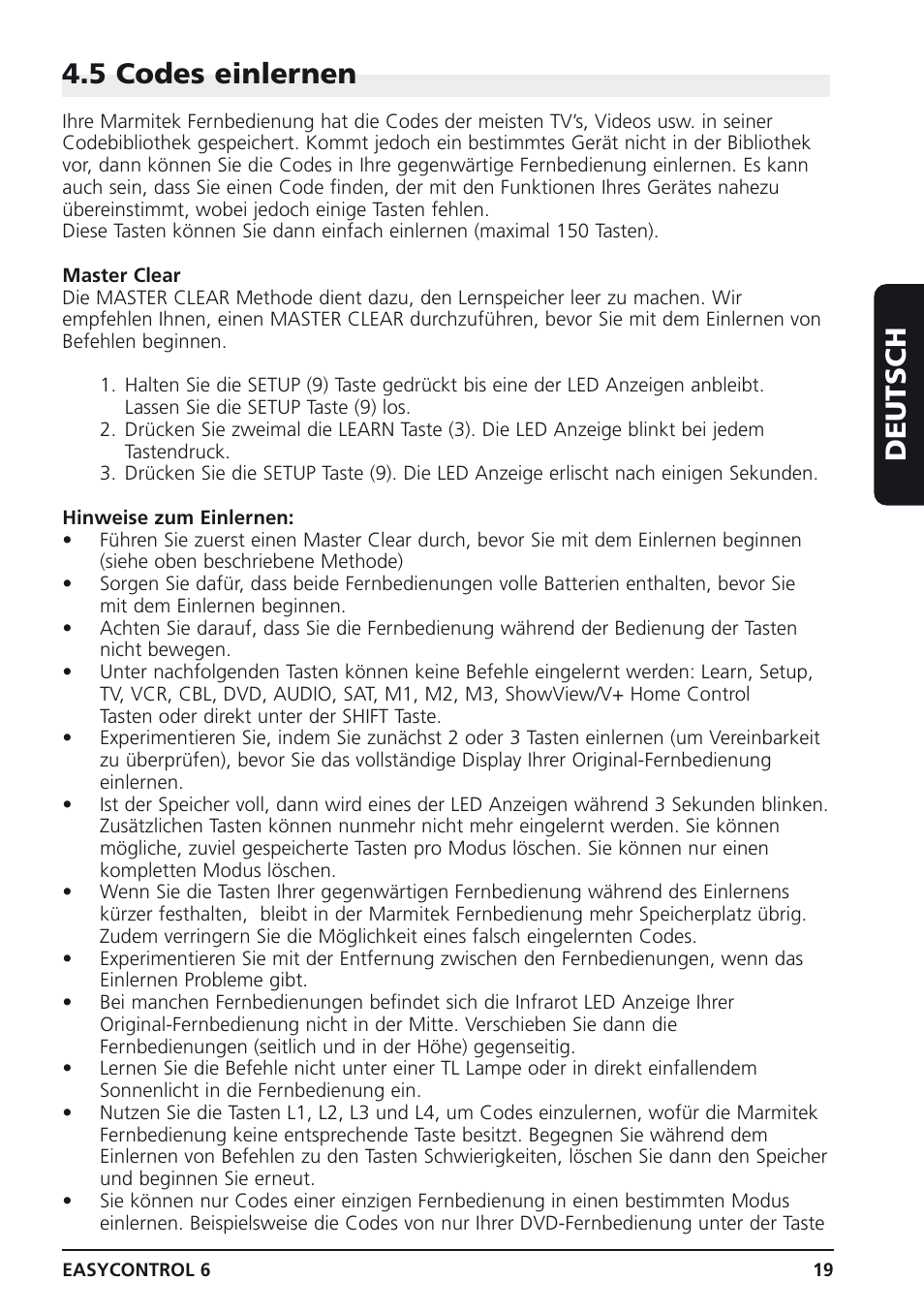 Deutsch 4.5 codes einlernen | Marmitek Easycontrol 6 User Manual | Page 19 / 44