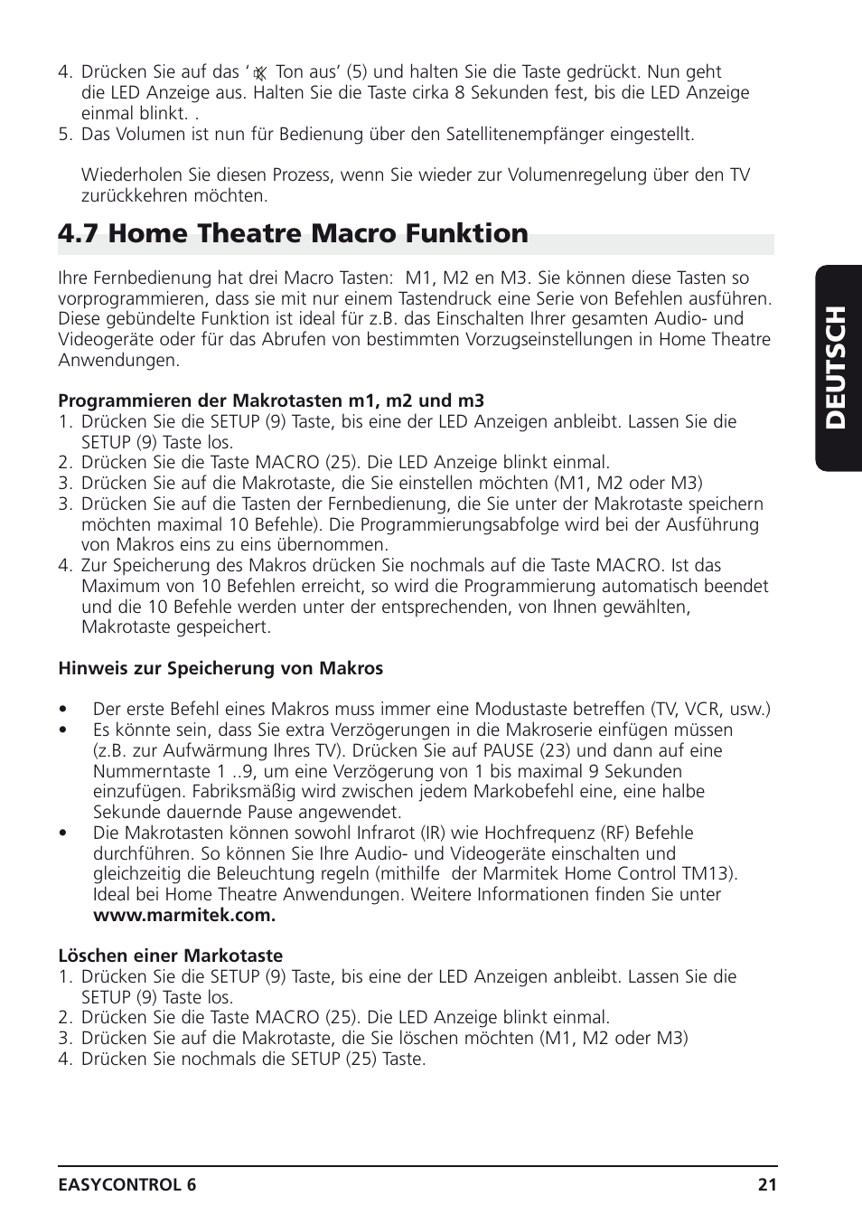 Deutsch, 7 home theatre macro funktion | Marmitek Easycontrol 6 User Manual | Page 21 / 44