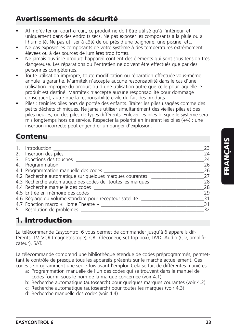 Avertissements de sécurité, Contenu, Introduction | Français | Marmitek Easycontrol 6 User Manual | Page 23 / 44