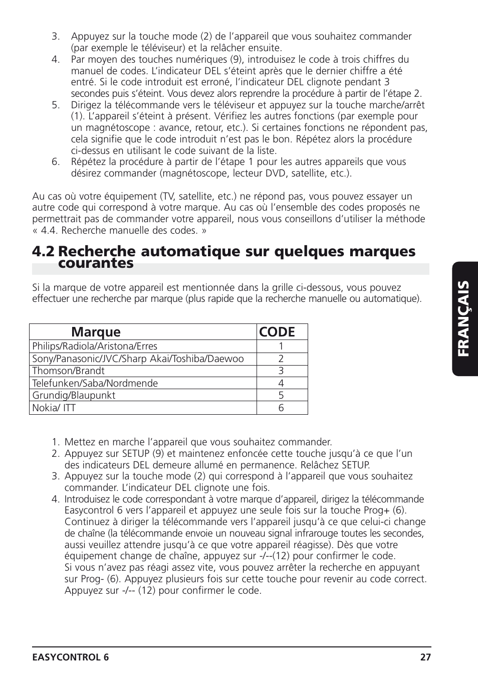 Français, Marque code | Marmitek Easycontrol 6 User Manual | Page 27 / 44