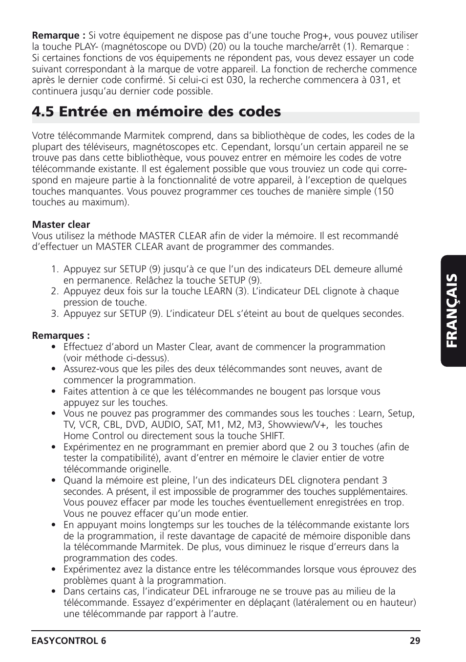 Français, 5 entrée en mémoire des codes | Marmitek Easycontrol 6 User Manual | Page 29 / 44