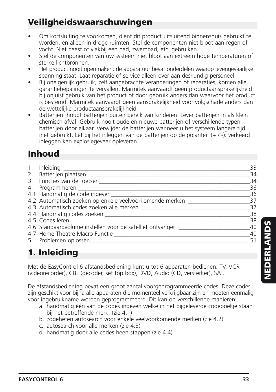 Veiligheidswaarschuwingen, Inhoud, Inleiding | Nederlands | Marmitek Easycontrol 6 User Manual | Page 33 / 44