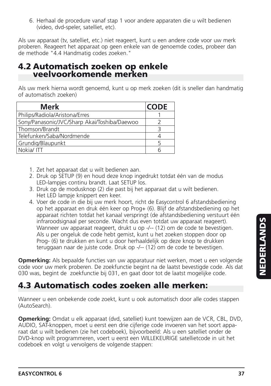 3 automatisch codes zoeken alle merken, Nederlands, Merk code | Marmitek Easycontrol 6 User Manual | Page 37 / 44