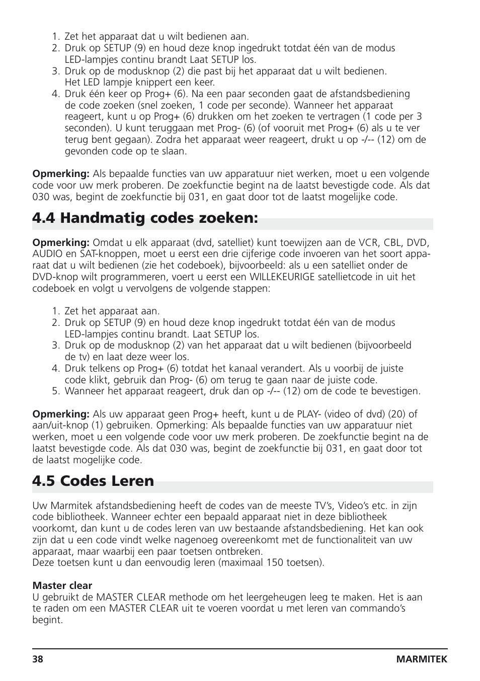 4 handmatig codes zoeken, 5 codes leren | Marmitek Easycontrol 6 User Manual | Page 38 / 44