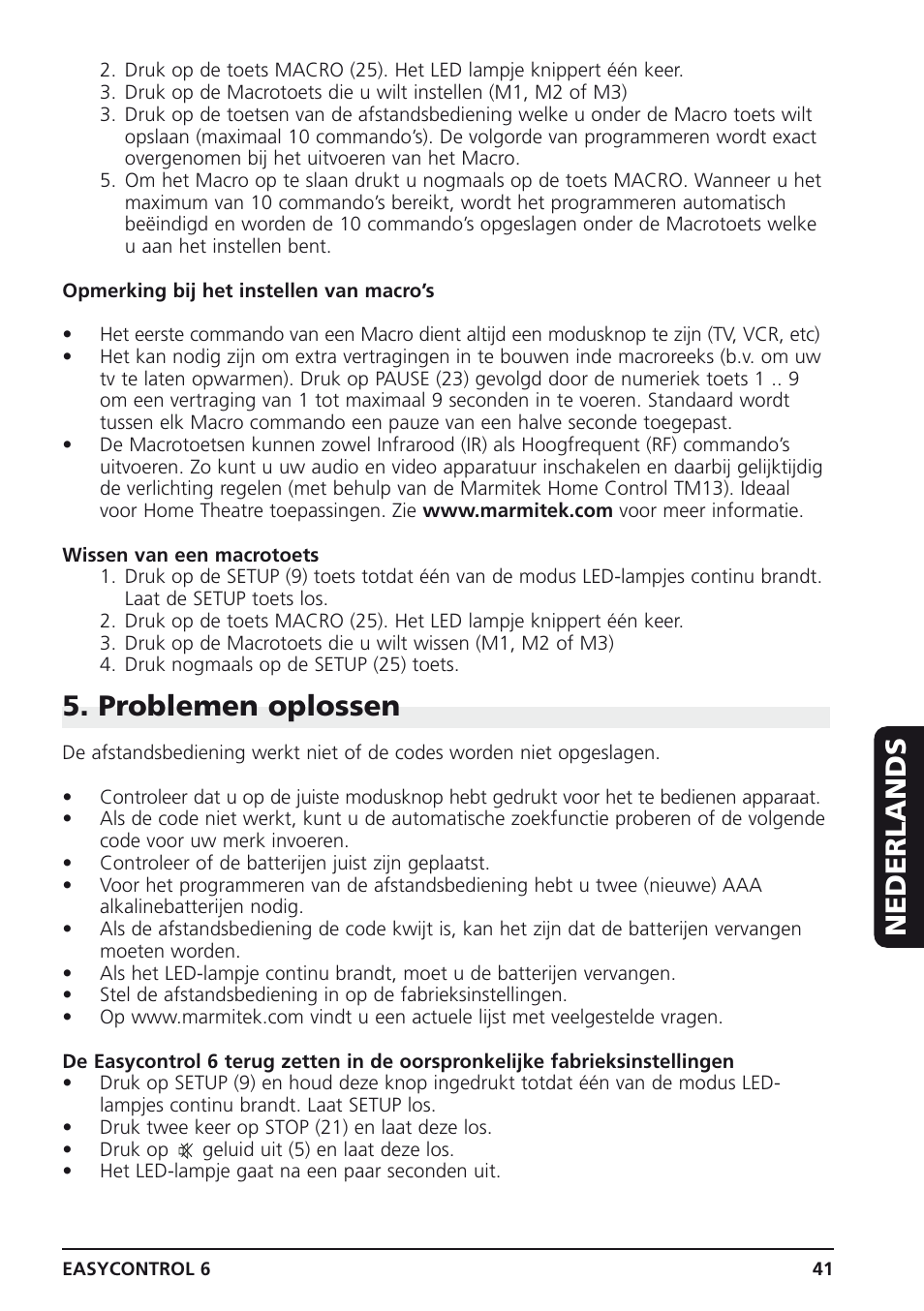 Nederlands, Problemen oplossen | Marmitek Easycontrol 6 User Manual | Page 41 / 44