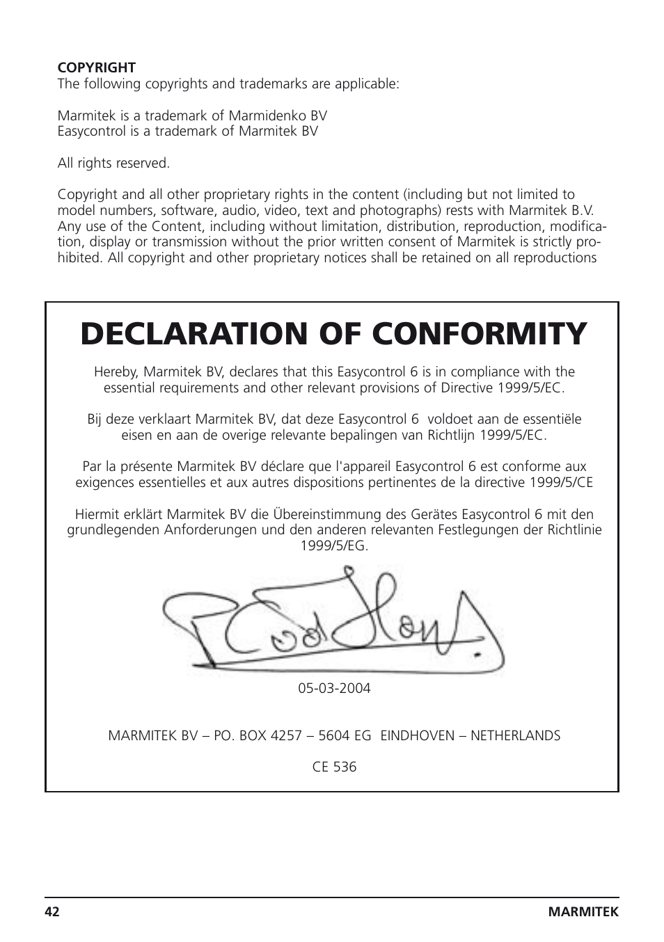 Declaration of conformity | Marmitek Easycontrol 6 User Manual | Page 42 / 44