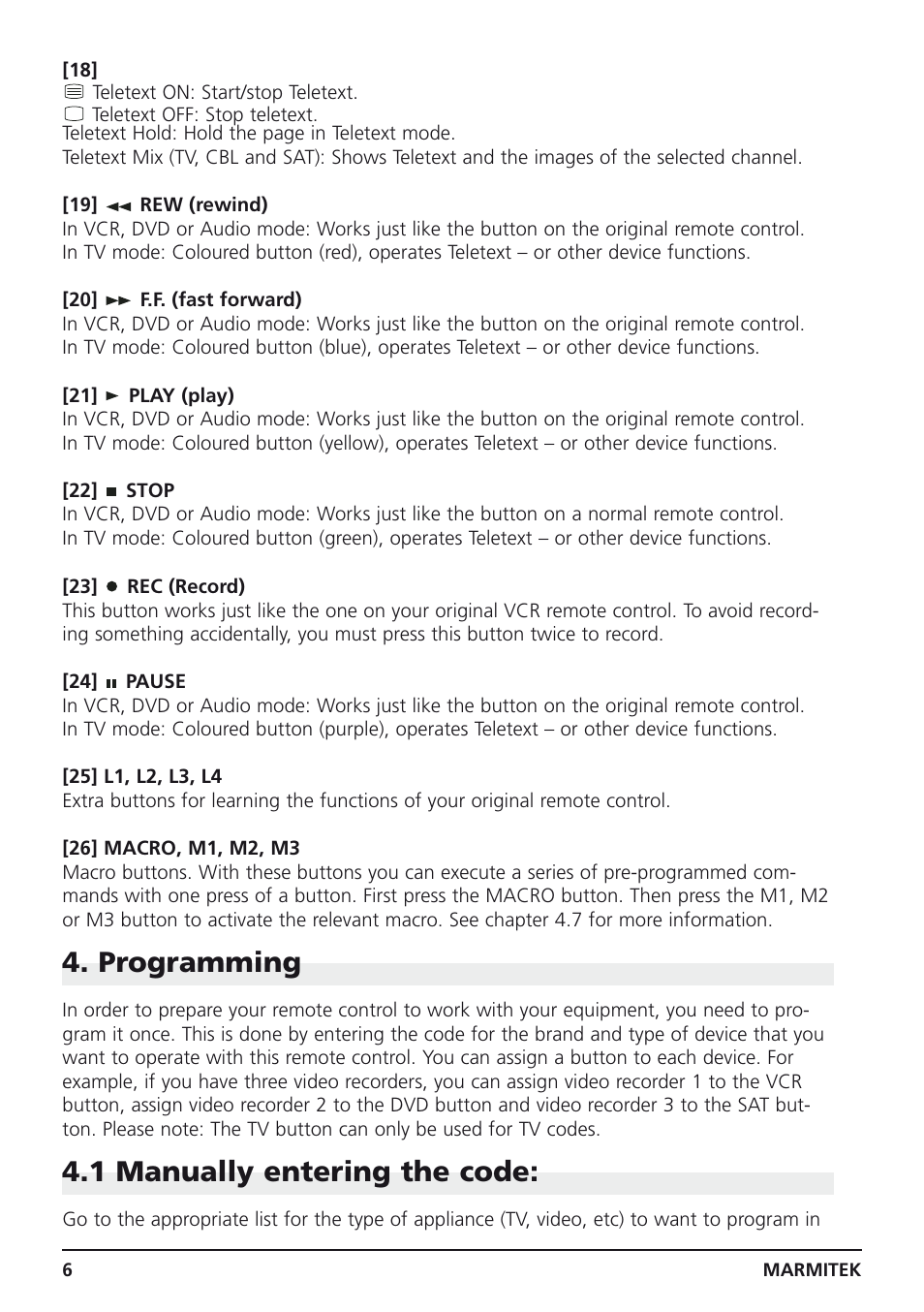 Programming, 1 manually entering the code | Marmitek Easycontrol 6 User Manual | Page 6 / 44