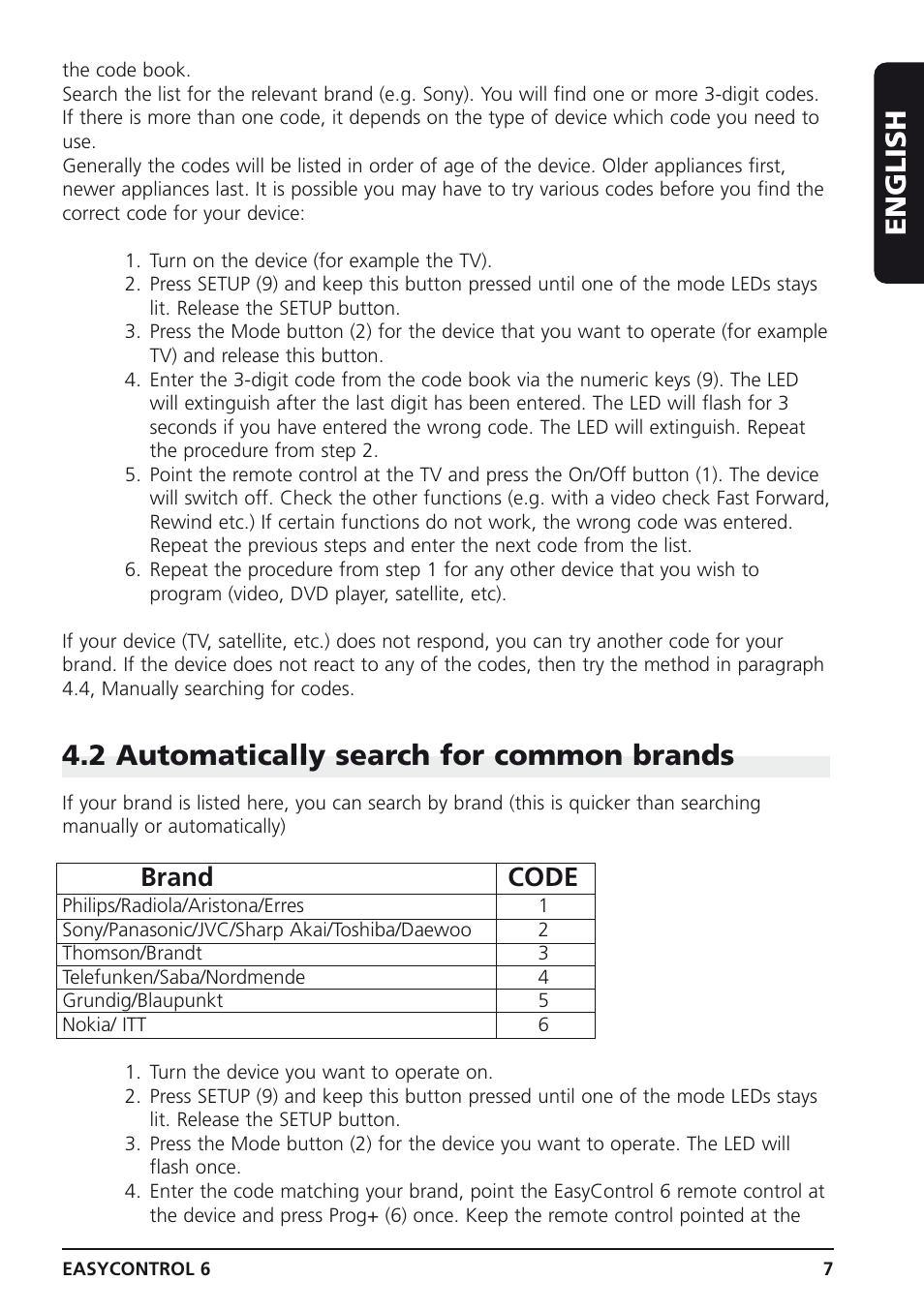 English, 2 automatically search for common brands, Brand code | Marmitek Easycontrol 6 User Manual | Page 7 / 44