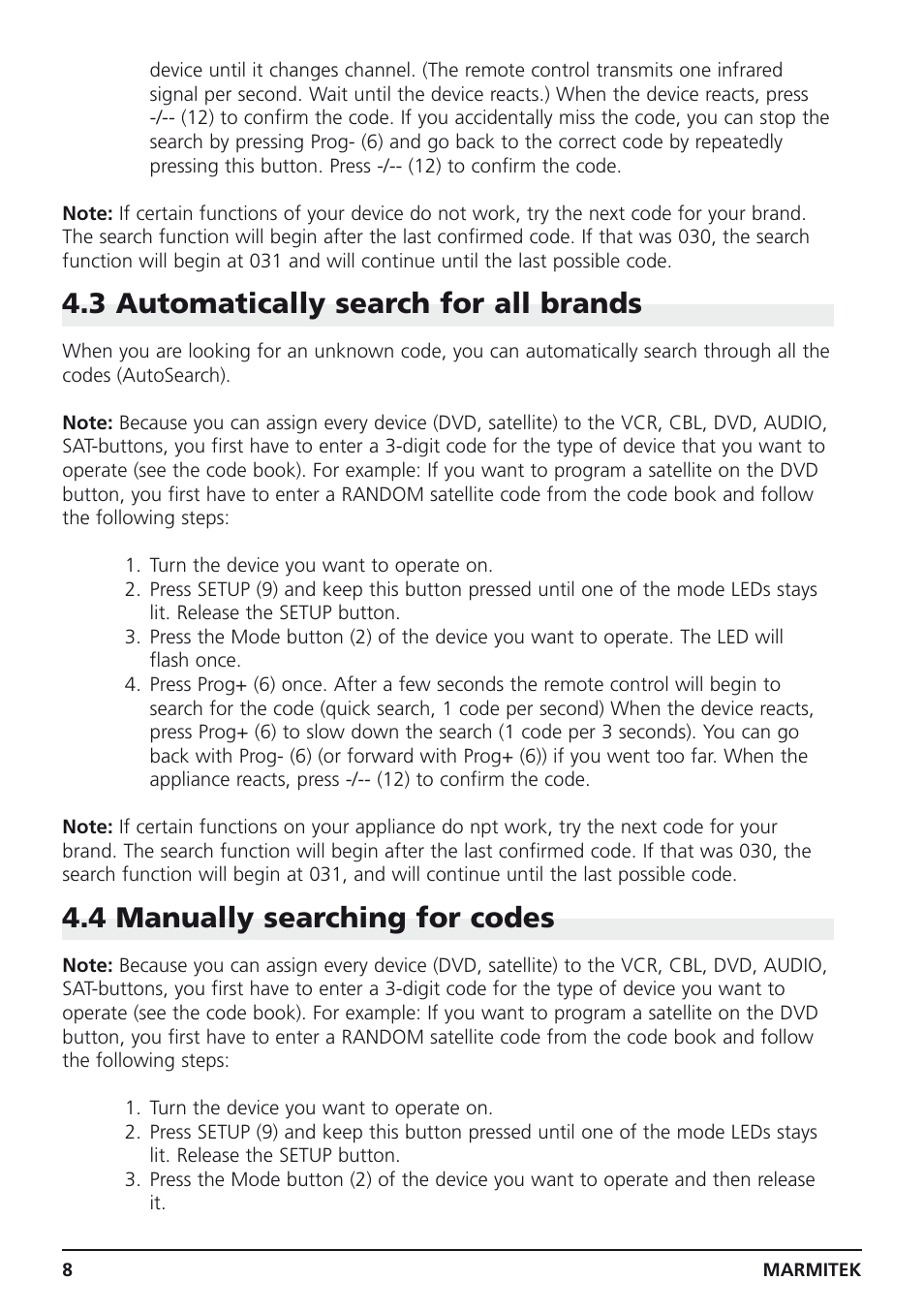3 automatically search for all brands, 4 manually searching for codes | Marmitek Easycontrol 6 User Manual | Page 8 / 44