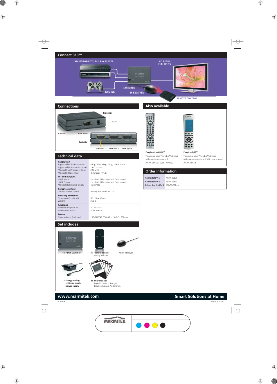 Technical data order information, Also available, Set includes | Connections, Connect 310 | Marmitek Connect 310 User Manual | Page 2 / 2