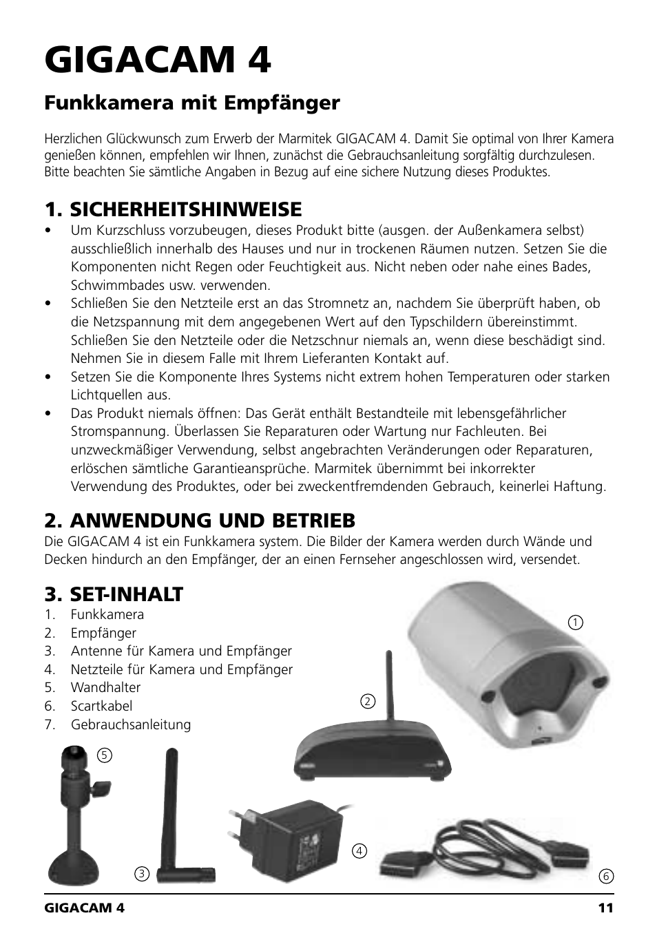 Gigacam 4, Funkkamera mit empfänger, Sicherheitshinweise | Anwendung und betrieb, Set-inhalt | Marmitek MEGACAM4 User Manual | Page 11 / 36
