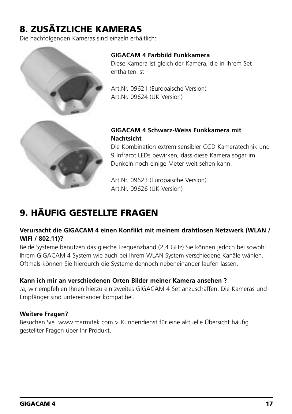 Zusätzliche kameras, Häufig gestellte fragen | Marmitek MEGACAM4 User Manual | Page 17 / 36