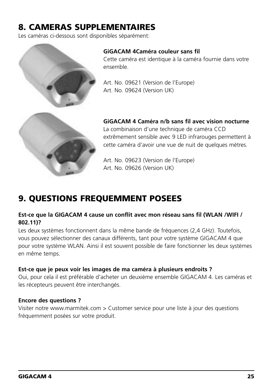 Cameras supplementaires, Questions frequemment posees | Marmitek MEGACAM4 User Manual | Page 25 / 36