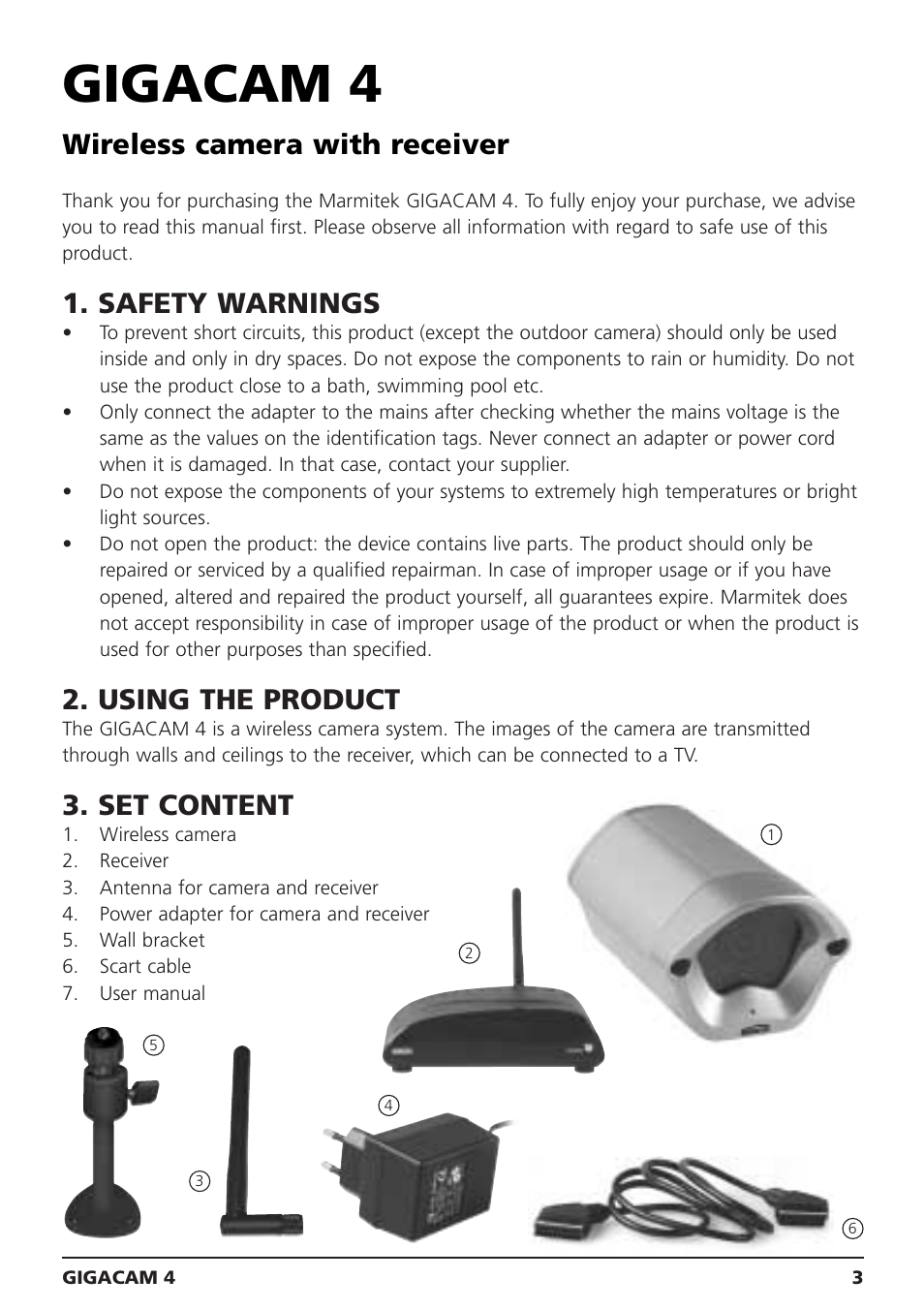 Gigacam 4, Wireless camera with receiver, Safety warnings | Using the product, Set content | Marmitek MEGACAM4 User Manual | Page 3 / 36