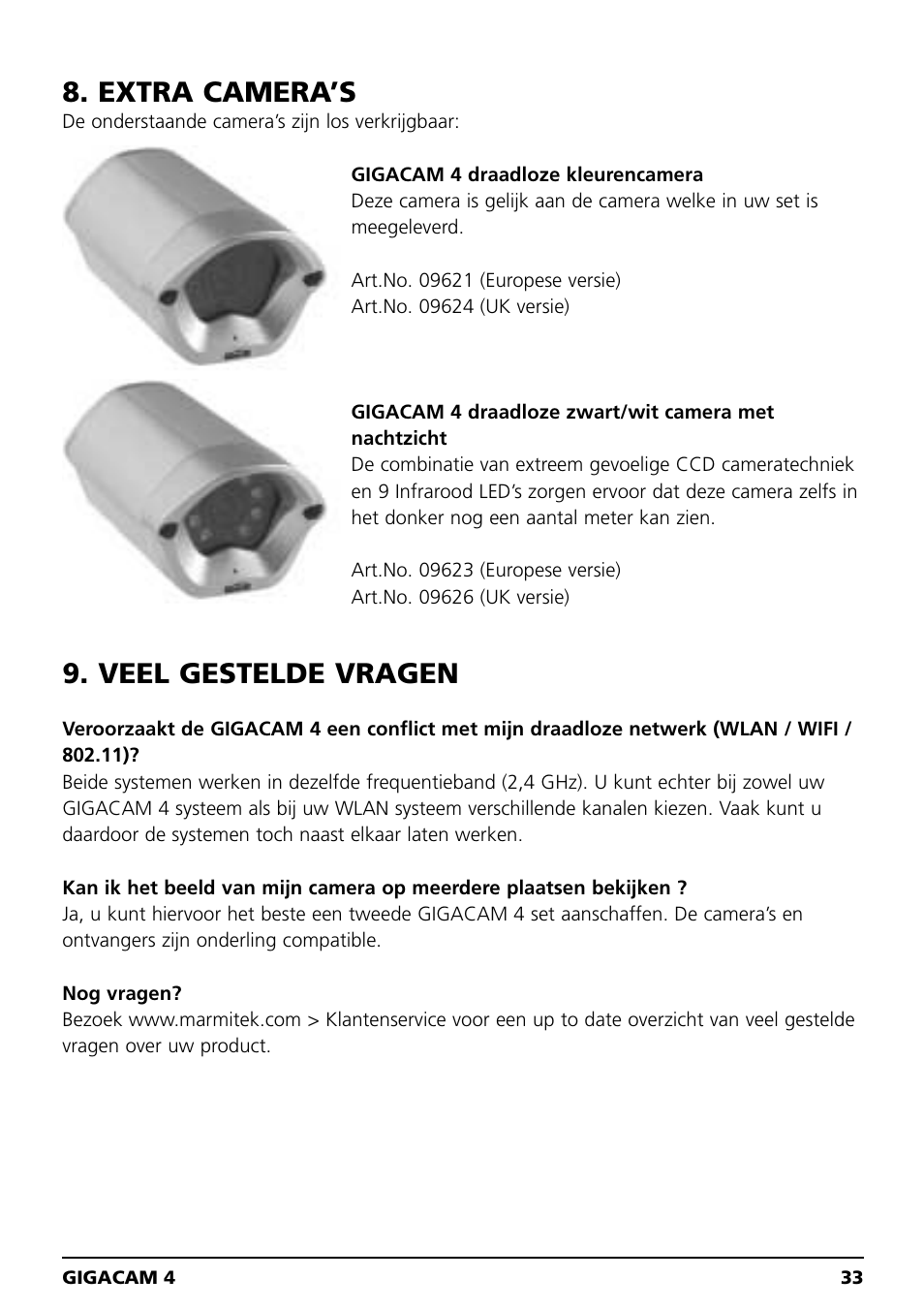 Extra camera’s, Veel gestelde vragen | Marmitek MEGACAM4 User Manual | Page 33 / 36
