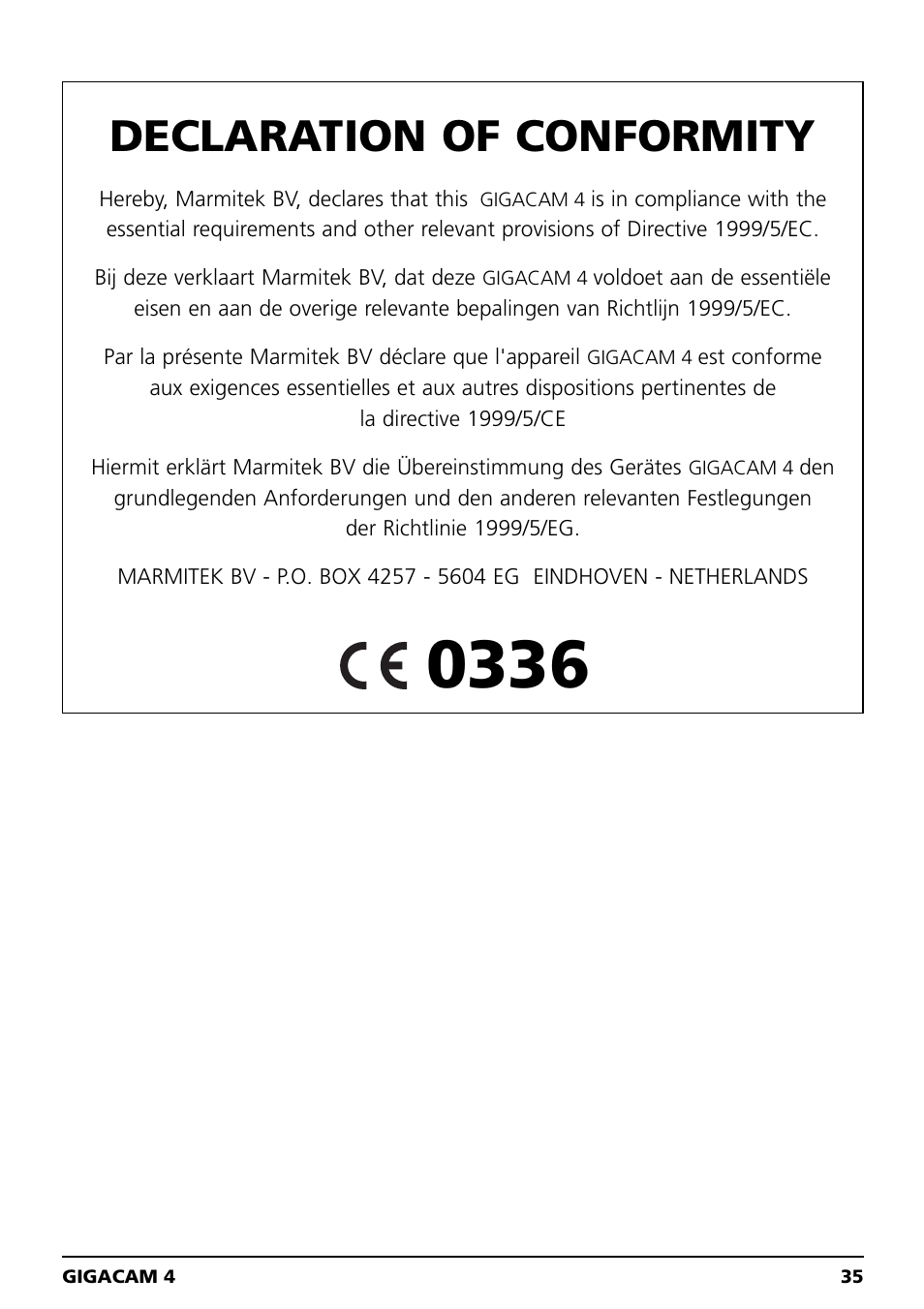 Declaration of conformity | Marmitek MEGACAM4 User Manual | Page 35 / 36