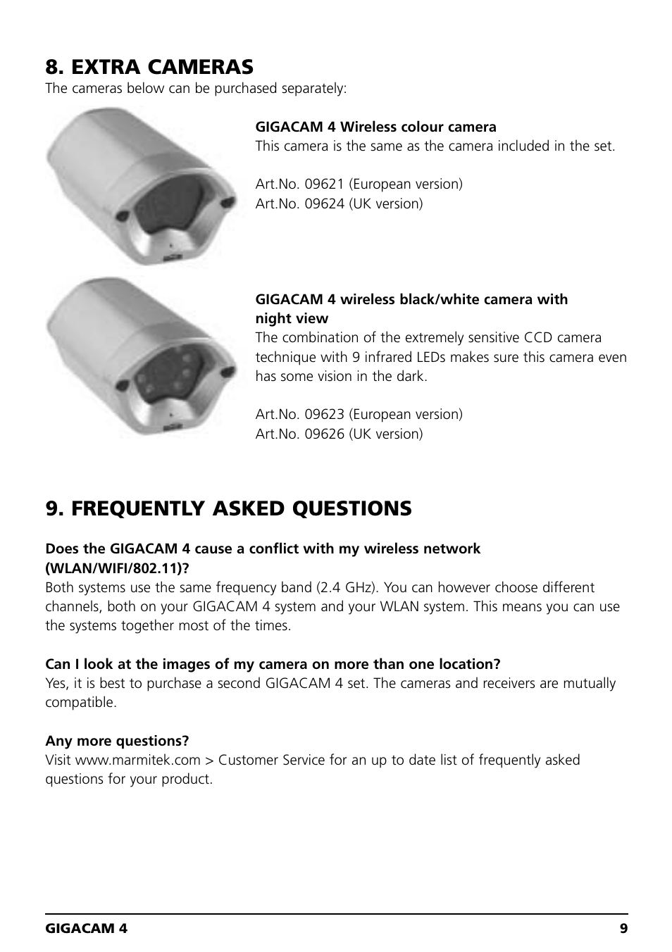 Extra cameras, Frequently asked questions | Marmitek MEGACAM4 User Manual | Page 9 / 36