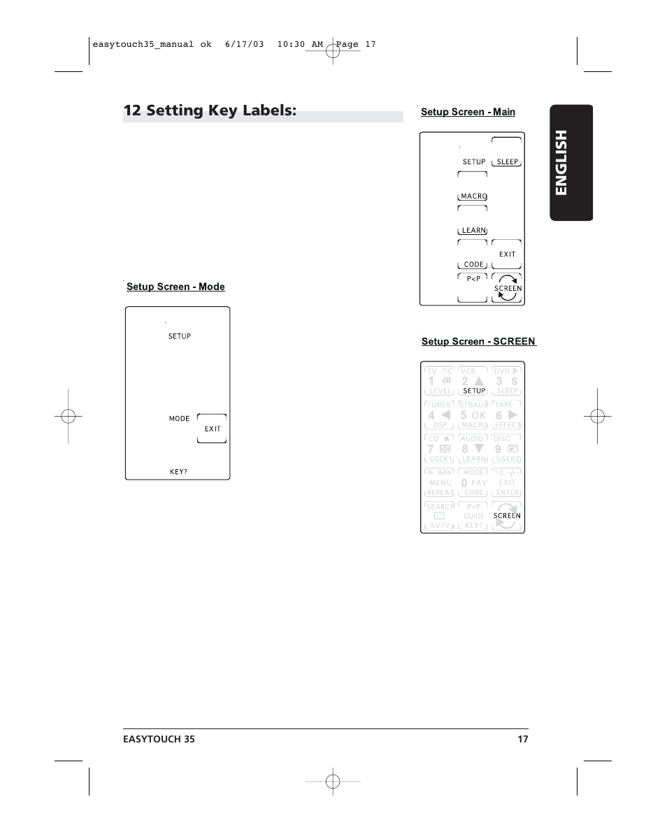 Easytouch 17.pdf, 12 setting key labels, English | Marmitek EasyTouch35 User Manual | Page 17 / 25