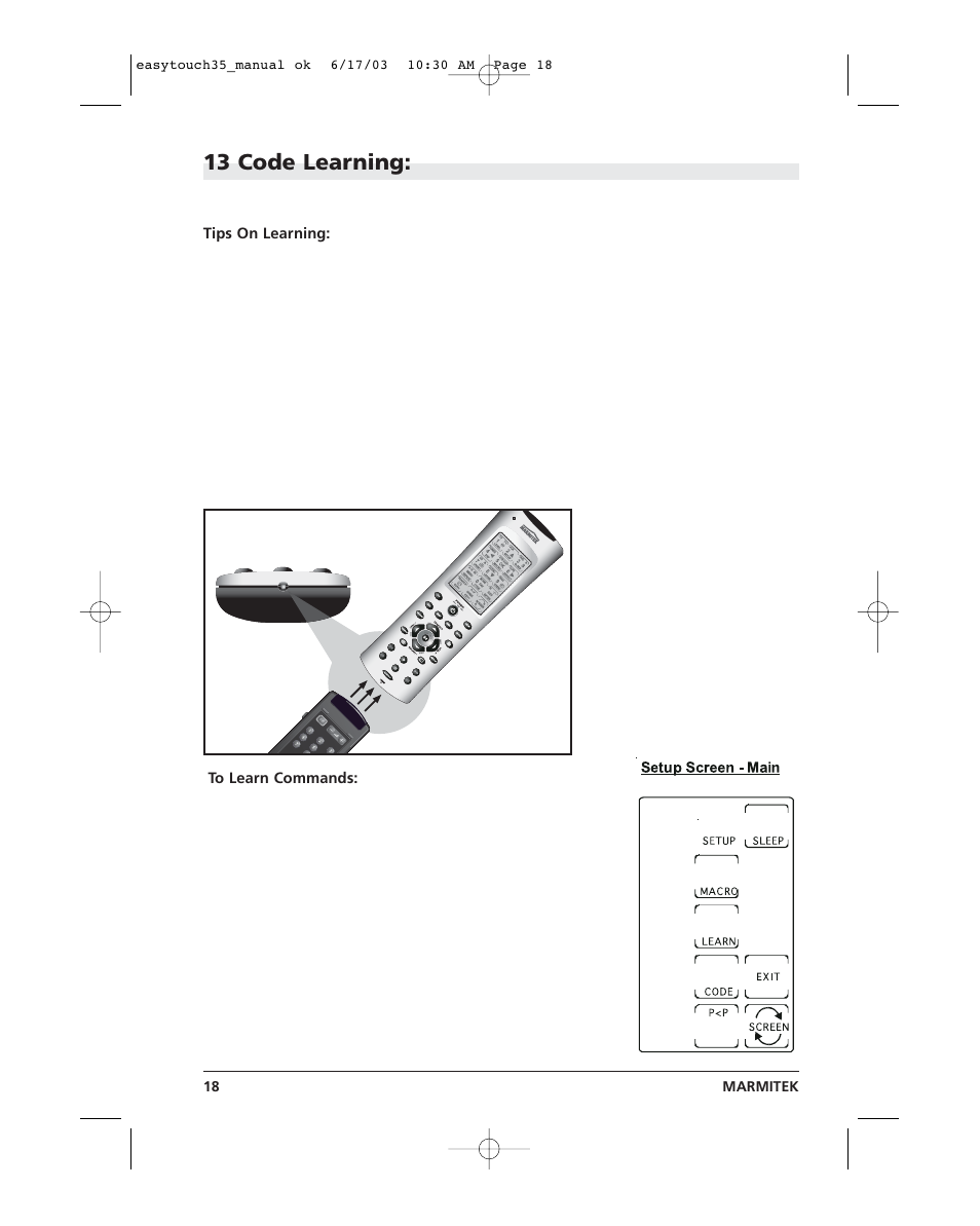 Easytouch 18.pdf, 13 code learning | Marmitek EasyTouch35 User Manual | Page 18 / 25