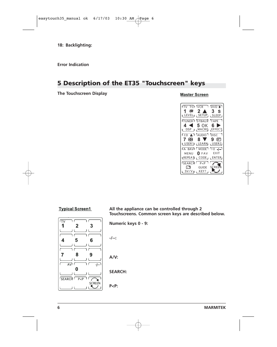 Easytouch 6.pdf, 5 description of the et35 "touchscreen" keys | Marmitek EasyTouch35 User Manual | Page 6 / 25